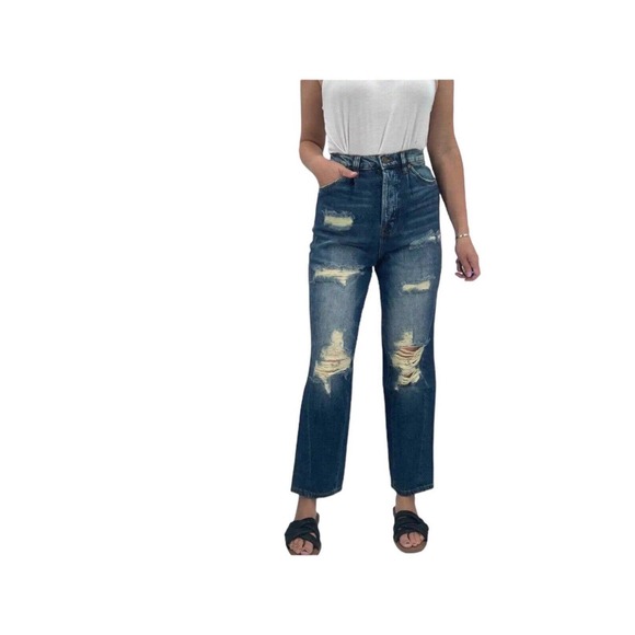 SANDRINE ROSE X FREE PEOPLE NY82 Wide Leg Distressed Blue Jeans NEW Size 25 - Picture 1 of 9
